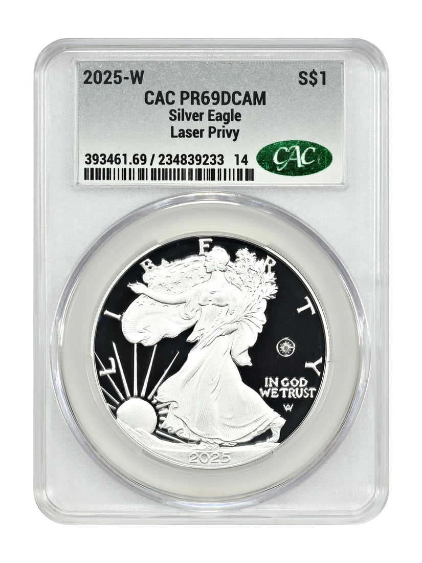 Silver Eagles - 2025-W $1 Silver Eagle CACG PR69DCAM (Laser Privy): Silver Eagles - 2025-W $1 Silver Eagle CACG PR69DCAM (Laser Privy) This listing features Silver Eagles - 2025-W $1 Silver Eagle CACG PR69DCAM (Laser Privy). Item specifics are provided below. Item