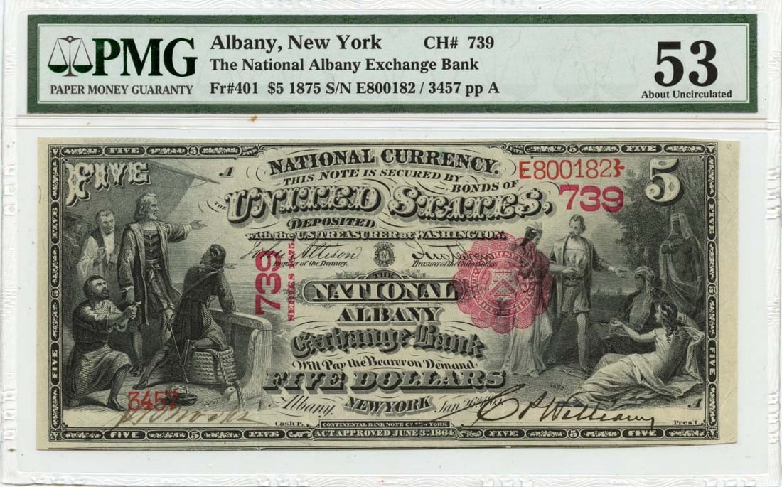 Known 1875 $5 FR#401 National Albany Exchange Bank New York CH#739 PMG AU53 1 (1 of 1)