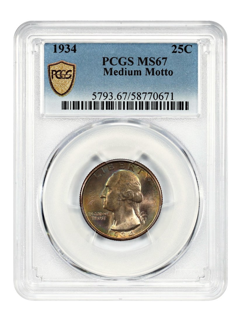 Washington Quarter - 1934 25C PCGS MS67 (Medium Motto): Washington Quarter - 1934 25C PCGS MS67 (Medium Motto) This listing features Washington Quarter - 1934 25C PCGS MS67 (Medium Motto). Item specifics are provided below. Item Specifics: Certification: P