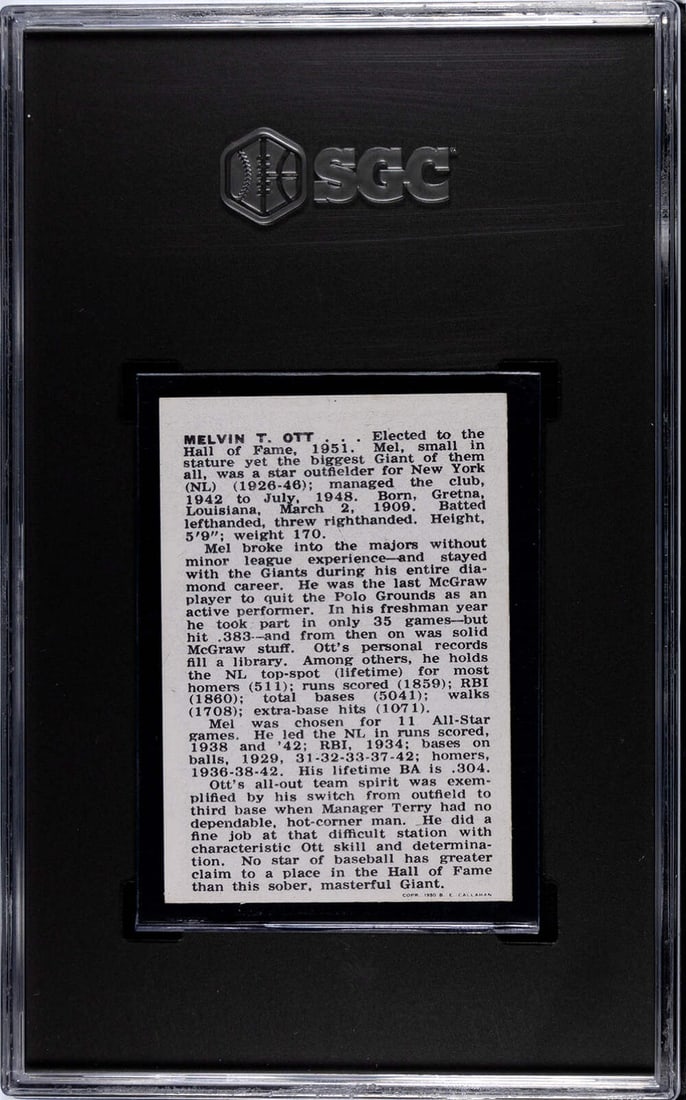 6 Mel Ott 1950-56 Callahan HOF SGC - 2