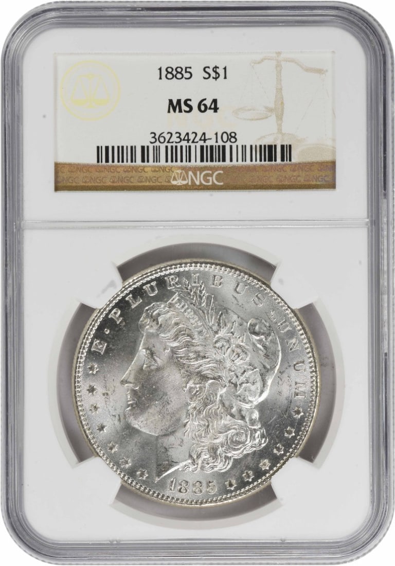 NGC 1885 Morgan Silver Dollar MS64: NGC 1885 Morgan Silver Dollar MS64 This listing features NGC 1885 Morgan Silver Dollar MS64. Item specifics are provided below. Item Specifics: Country Of Origin: United States Certification: NGC Circ