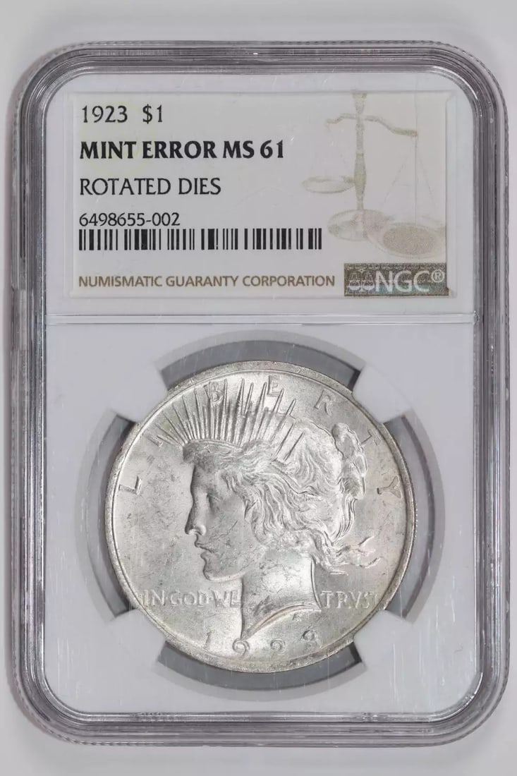 MS61 1923 ROTATED DIES 90 DEGREES PEACE DOLLAR MINT ERROR NGC: MS61 1923 ROTATED DIES 90 DEGREES PEACE DOLLAR MINT ERROR NGC This listing features MS61 1923 ROTATED DIES 90 DEGREES PEACE DOLLAR MINT ERROR NGC. Item specifics are provided below. Item Specifics: