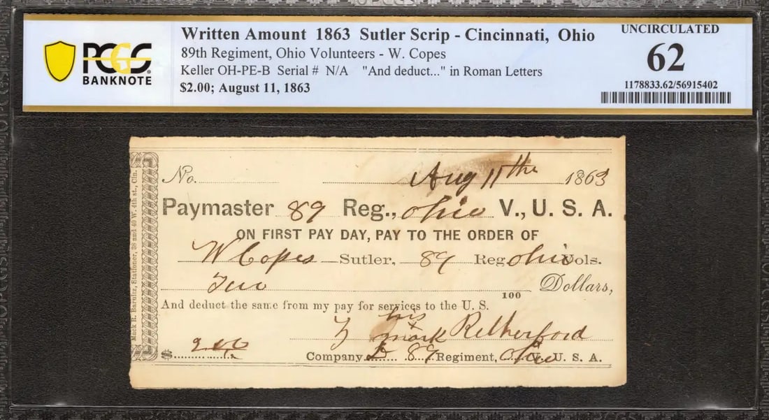 (402) 1863 SUTLER SCRIP CINCINNATI OHIO NOTE $2 KELLER OH-PE-B PCGS 62 UNC (1 of 2)