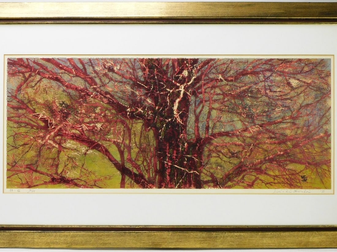 Framed JOICHI HOSHI "Trunk and Branches (Red Gold)" 1973 Woodblock Print Signed - 2