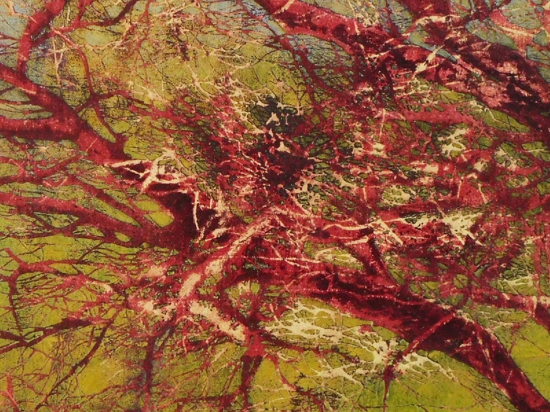 Framed JOICHI HOSHI "Trunk and Branches (Red Gold)" 1973 Woodblock Print Signed - 3