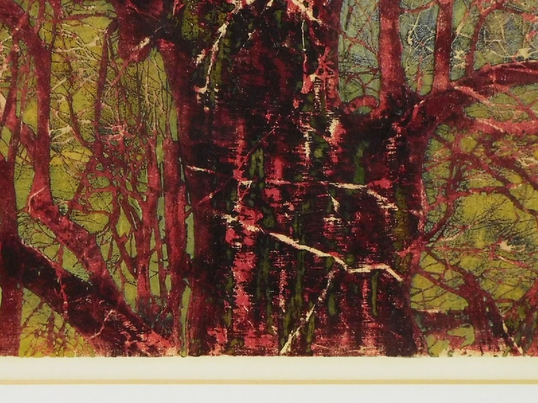 Framed JOICHI HOSHI "Trunk and Branches (Red Gold)" 1973 Woodblock Print Signed - 5