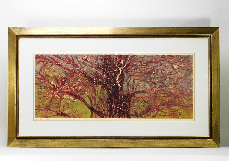 Framed JOICHI HOSHI "Trunk and Branches (Red Gold)" 1973 Woodblock Print Signed - 9