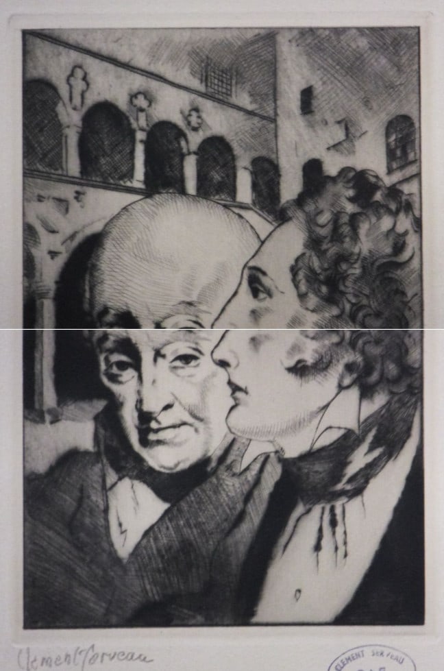 Framed - Clement Serveau Signed Drypoint "Two Gentlemen" w/ CF Paris Stamp - 2