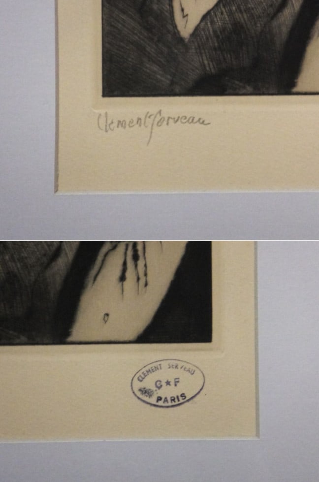 Framed - Clement Serveau Signed Drypoint "Two Gentlemen" w/ CF Paris Stamp - 3