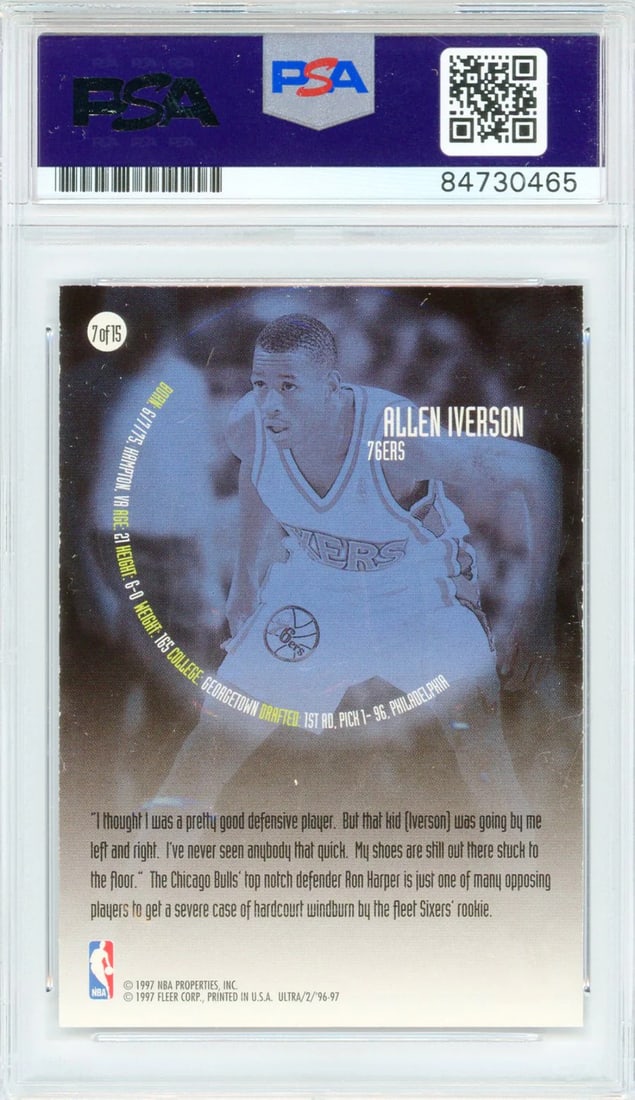 10) Allen Iverson Autographed 1996-97 Fleer Ultra Card #7 (PSA Auto Gem Mt - 2