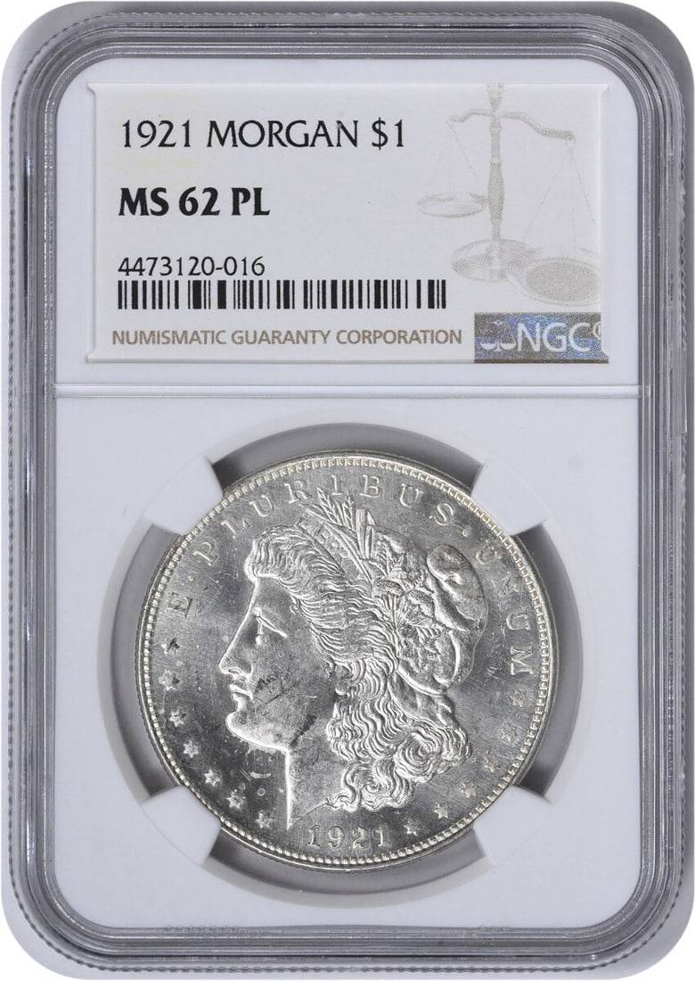 NGC 1921 Morgan Silver Dollar MS62PL: NGC 1921 Morgan Silver Dollar MS62PL This listing features NGC 1921 Morgan Silver Dollar MS62PL. Item specifics are provided below. Item Specifics: Country Of Origin: United States Certification: NGC