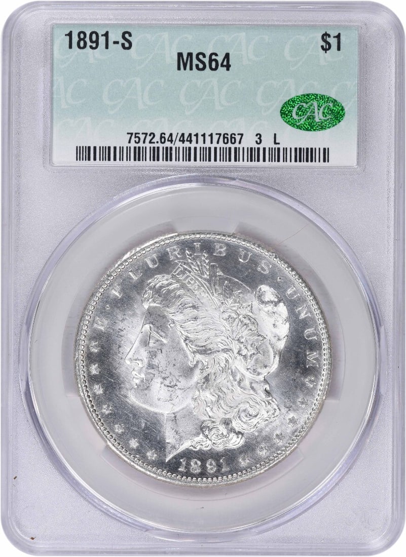 CACG 1891-S Morgan Silver Dollar MS64: CACG 1891-S Morgan Silver Dollar MS64 This listing features CACG 1891-S Morgan Silver Dollar MS64. Item specifics are provided below. Item Specifics: Country Of Origin: United States Certification: