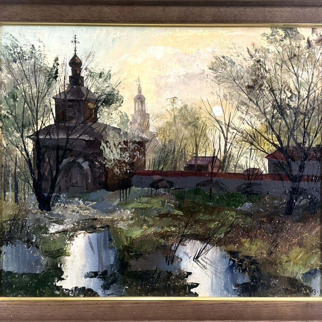 38x45.5 cm - Russian Oil Painting Church Landscape by Nasonov - Original Signed - 2