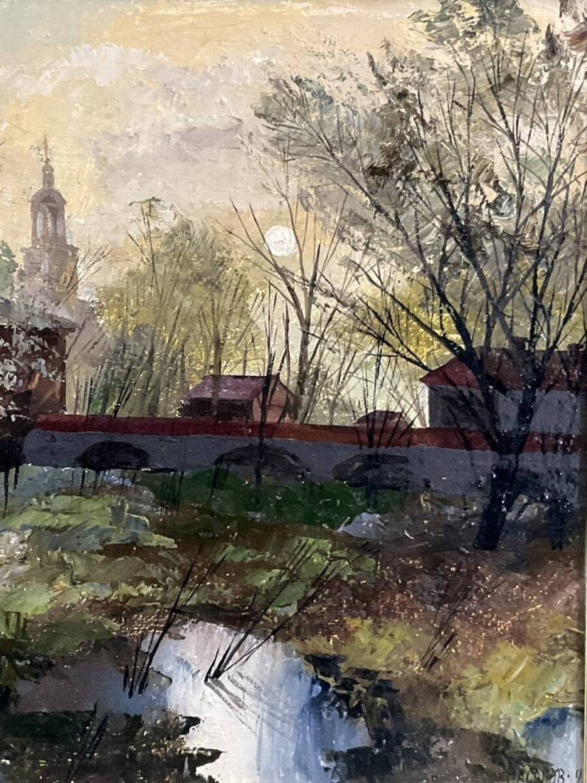 38x45.5 cm - Russian Oil Painting Church Landscape by Nasonov - Original Signed - 4