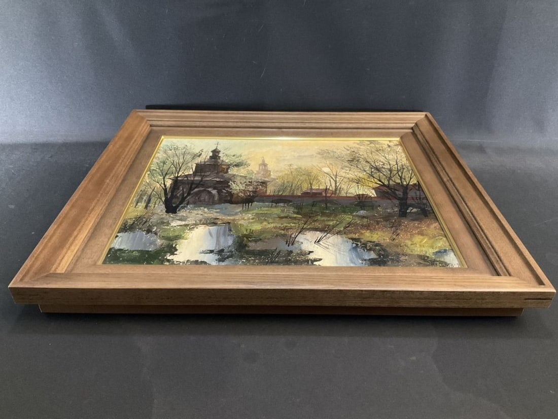 38x45.5 cm - Russian Oil Painting Church Landscape by Nasonov - Original Signed - 9