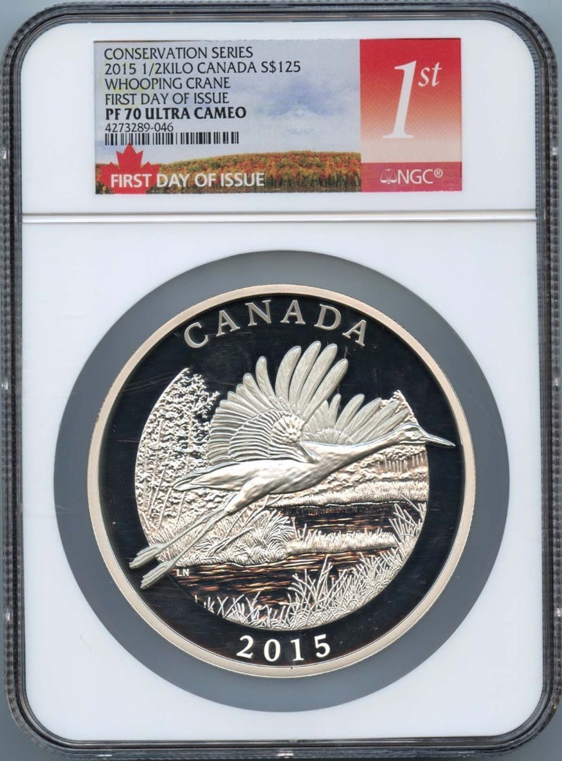PR70DCAM 2015 1/ 2Kilo CANADA WHOOPING CRANE FIRST DAY OF ISSUE S$125 NGC (1 of 1)