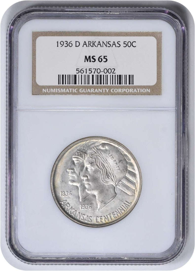NGC Arkansas Commemorative Silver Half Dollar 1936-D MS65: NGC Arkansas Commemorative Silver Half Dollar 1936-D MS65 This listing features NGC Arkansas Commemorative Silver Half Dollar 1936-D MS65. Item specifics are provided below. Item Specifics: Country Of