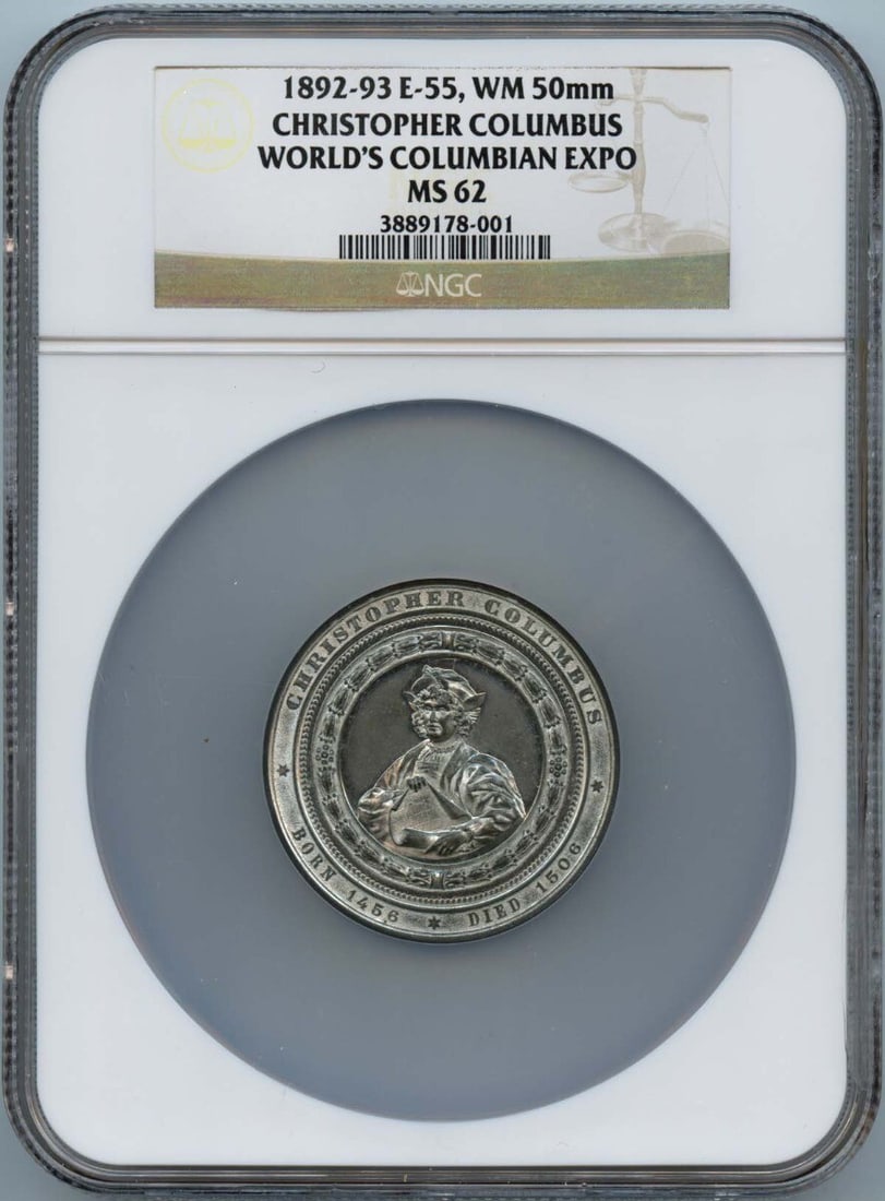 MS62 1892-93 Christopher Columbus 50mm Worlds Columbian Expo Chicago NGC: MS62 1892-93 Christopher Columbus 50mm Worlds Columbian Expo Chicago NGC This listing features MS62 1892-93 Christopher Columbus 50mm Worlds Columbian Expo Chicago NGC. Item specifics are provided