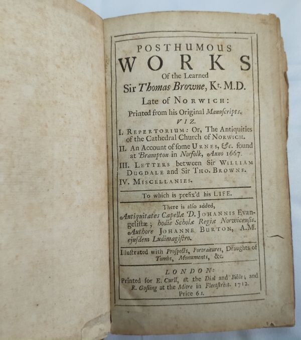 Rare Thomas Browne Posthumous Works 1st Edition 1712 Cambridge Panel Binding - 3