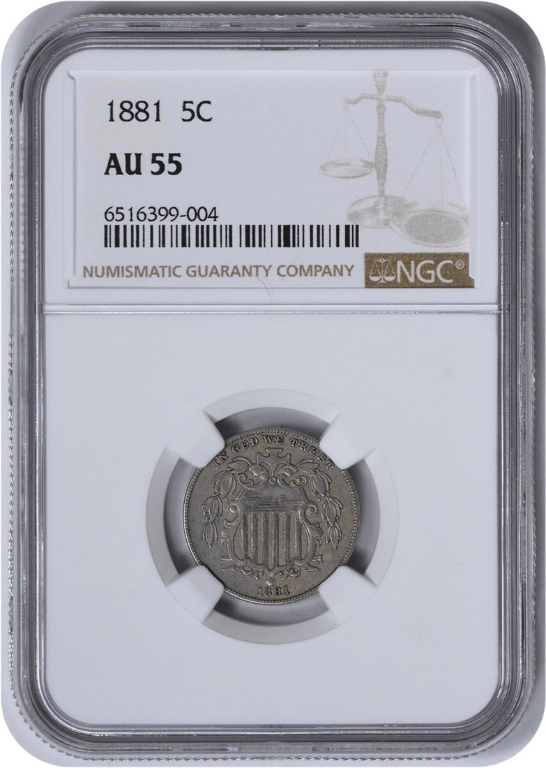NGC 1881 Shield Nickel AU55: NGC 1881 Shield Nickel AU55 This listing features NGC 1881 Shield Nickel AU55. Item specifics are provided below. Item Specifics: Country Of Origin: United States Certification: NGC Circulated/Uncircu