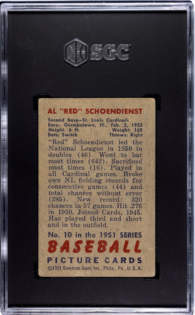 3 Red Schoendienst 1951 Bowman Card #10 SGC - 2