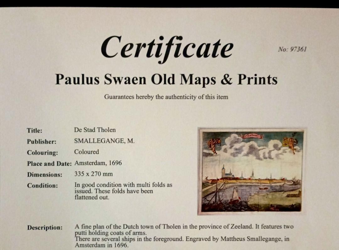 Map 1696 Hand Colored Engraving De Stad Tholen by Mattheus Smallegange Zeeland - 19