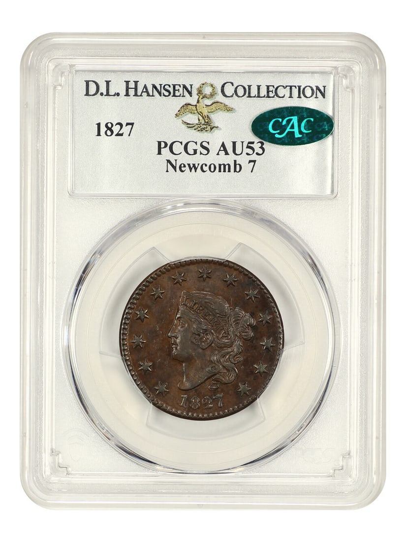 Hansen 1827 1c PCGS/ CAC AU53 (N-7) ex: D.L.: Hansen 1827 1c PCGS/ CAC AU53 (N-7) ex: D.L. This listing features Hansen 1827 1c PCGS/ CAC AU53 (N-7) ex: D.L.. Item specifics are provided below. Item Specifics: Certification: PCGS Certification