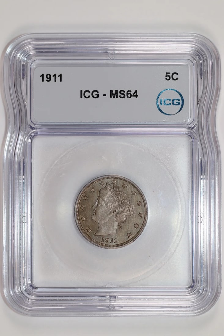 MS64 1911 LIBERTY V NICKEL ICG: MS64 1911 LIBERTY V NICKEL ICG This listing features MS64 1911 LIBERTY V NICKEL ICG. Item specifics are provided below. Item Specifics: Certification: ICG Composition: Nickel Grade: MS 64 Year: 1911