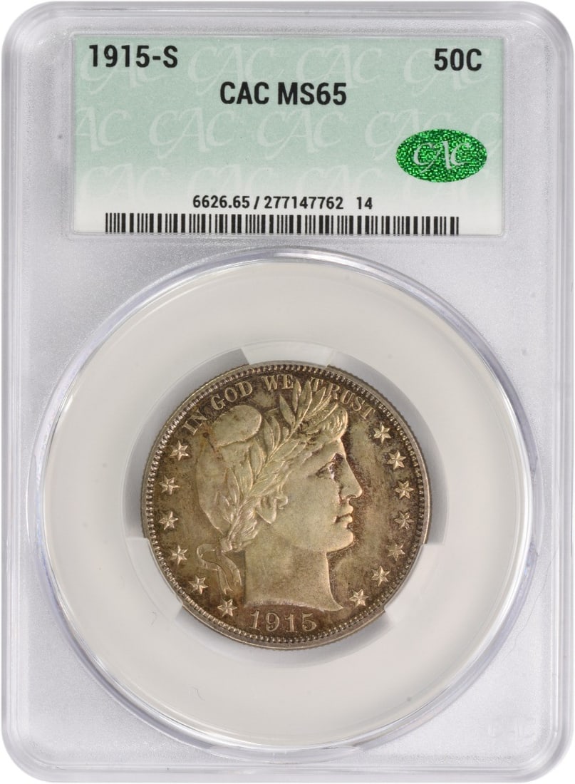CACG 1915-S Barber Silver Half Dollar MS65: CACG 1915-S Barber Silver Half Dollar MS65 This listing features CACG 1915-S Barber Silver Half Dollar MS65. Item specifics are provided below. Item Specifics: Country Of Origin: United States