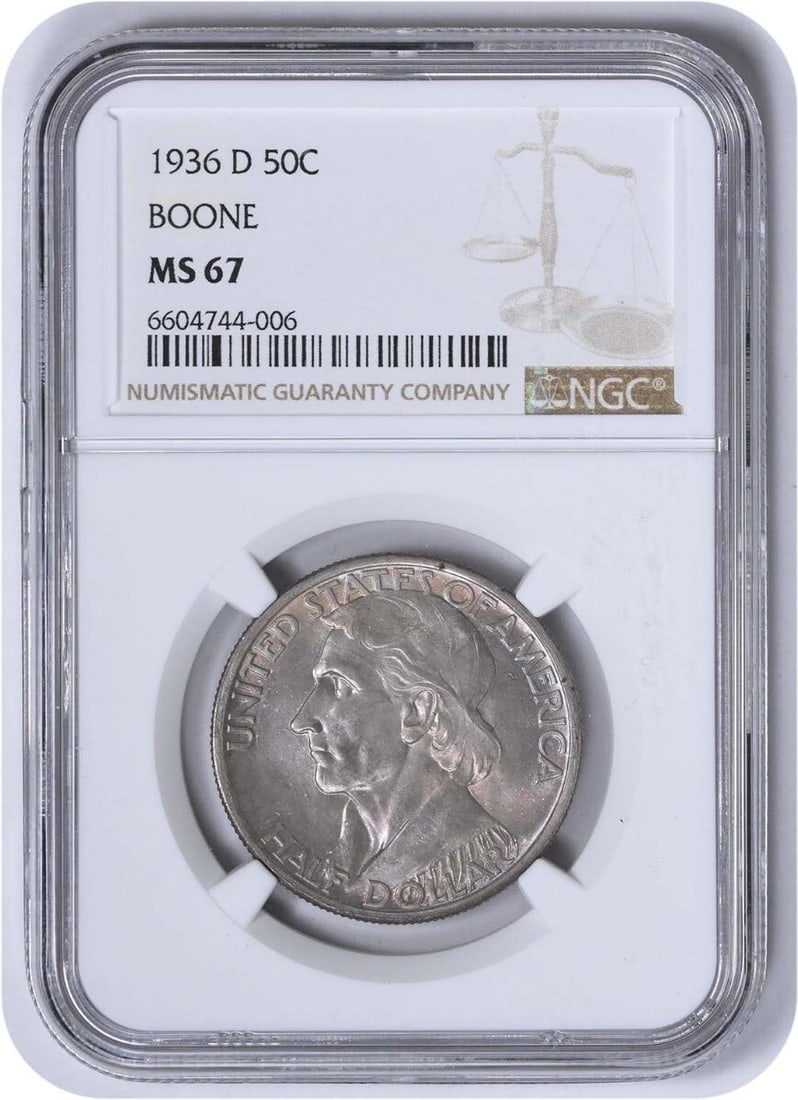 NGC Boone Commemorative Silver Half Dollar 1936-D MS67: NGC Boone Commemorative Silver Half Dollar 1936-D MS67 This listing features NGC Boone Commemorative Silver Half Dollar 1936-D MS67. Item specifics are provided below. Item Specifics: Country Of Origi