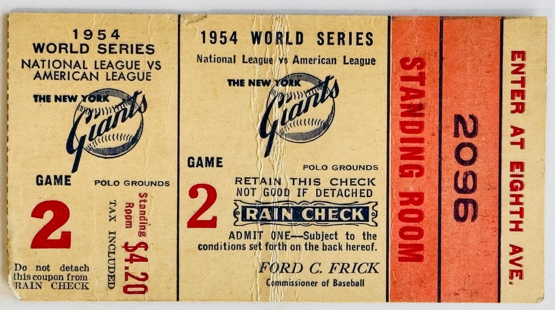 MVP 1954 World Series Ticket Stub Game #2 WILLIE MAYS New York Giants HOF (1 of 2)