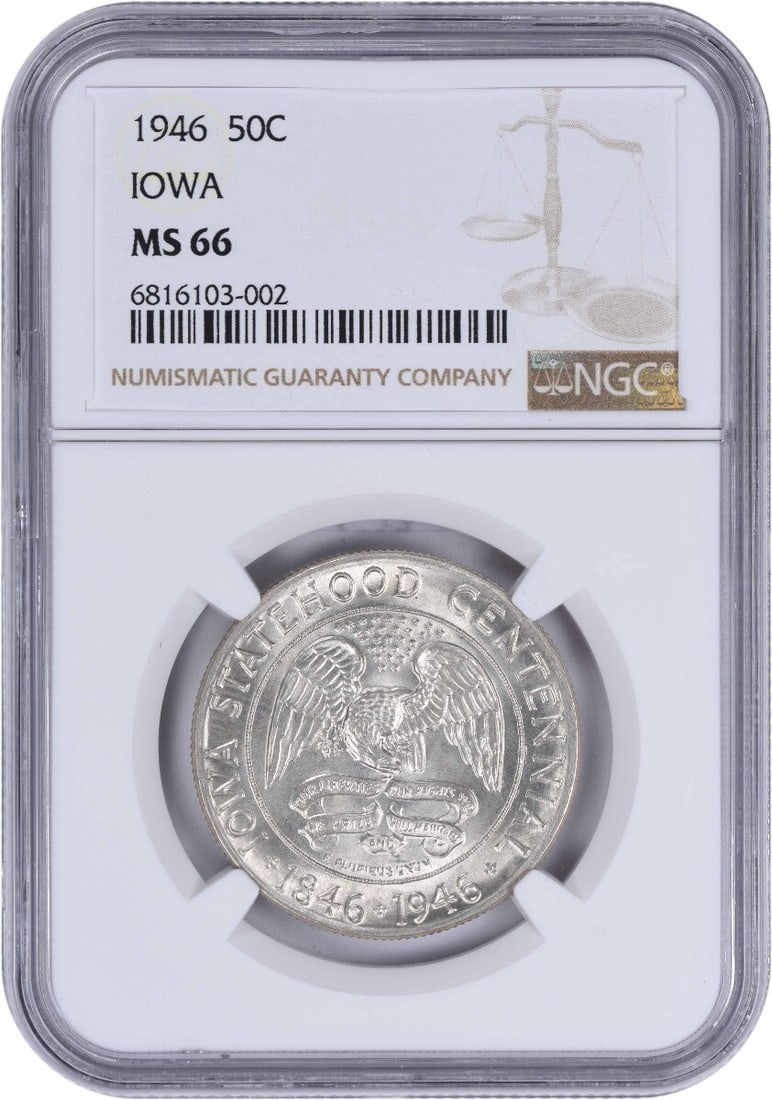 NGC Iowa Commemorative Silver Half Dollar 1946 MS66: NGC Iowa Commemorative Silver Half Dollar 1946 MS66 This listing features NGC Iowa Commemorative Silver Half Dollar 1946 MS66. Item specifics are provided below. Item Specifics: Country Of Origin: Uni