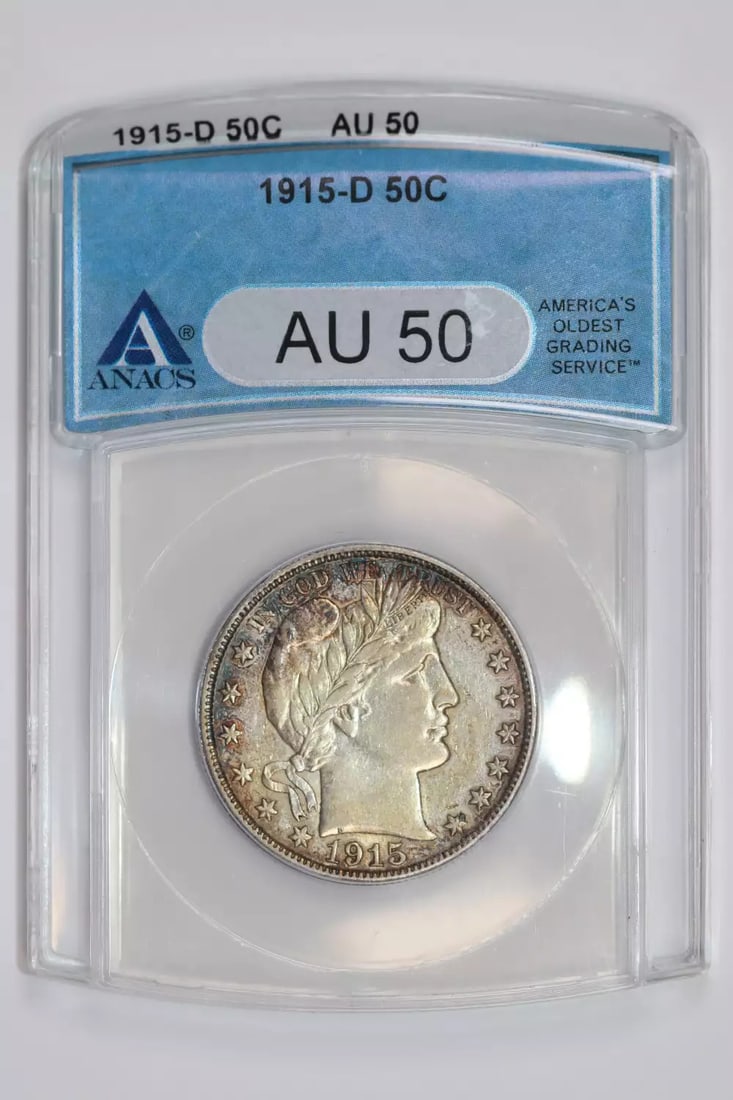 AU50 1915-D BARBER HALF DOLLAR ANACS: AU50 1915-D BARBER HALF DOLLAR ANACS This listing features AU50 1915-D BARBER HALF DOLLAR ANACS. Item specifics are provided below. Item Specifics: Country Of Origin: USA Certification: ANACS Composit