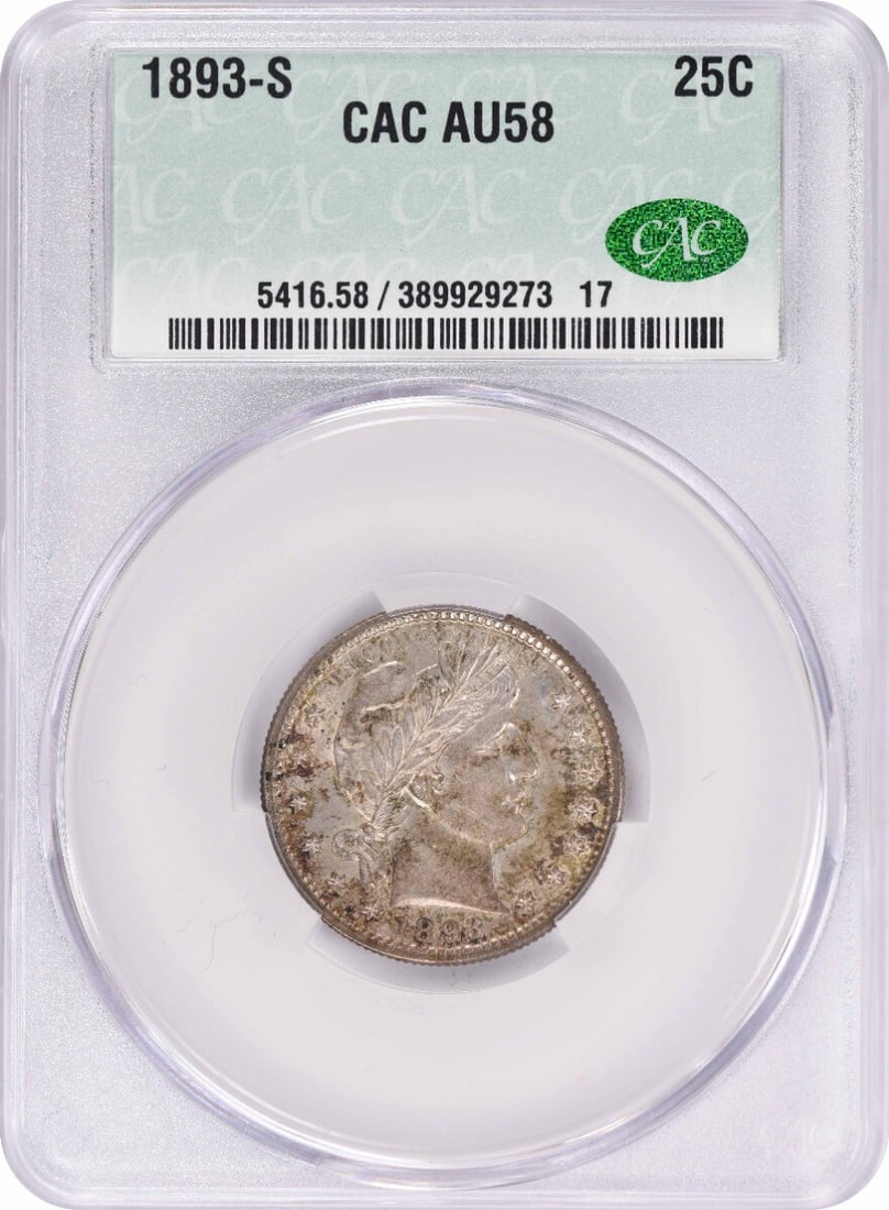 CACG 1893-S Barber Silver Quarter AU58: CACG 1893-S Barber Silver Quarter AU58 This listing features CACG 1893-S Barber Silver Quarter AU58. Item specifics are provided below. Item Specifics: Country Of Origin: United States