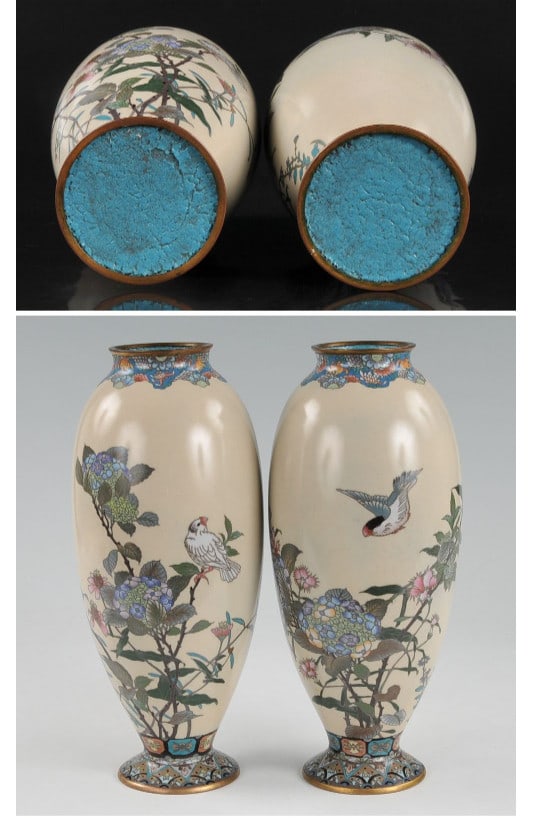 height approx. 29cm - Cloisonne hydrangea and Asuka motif - decorative vase - pair (1 of 10)