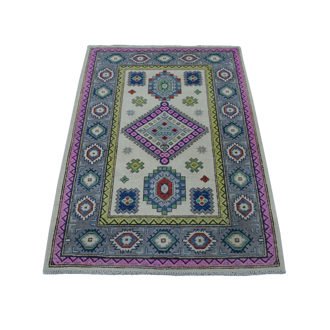 Rug 3'2"x4'10" Colorful Ivory Fusion Kazak Organic Wool Hand Knotted: Rug 3'2"x4'10" Colorful Ivory Fusion Kazak Organic Wool Hand Knotted This listing features Rug 3'2"x4'10" Colorful Ivory Fusion Kazak Organic Wool Hand Knotted. Item specifics are provided below. Item