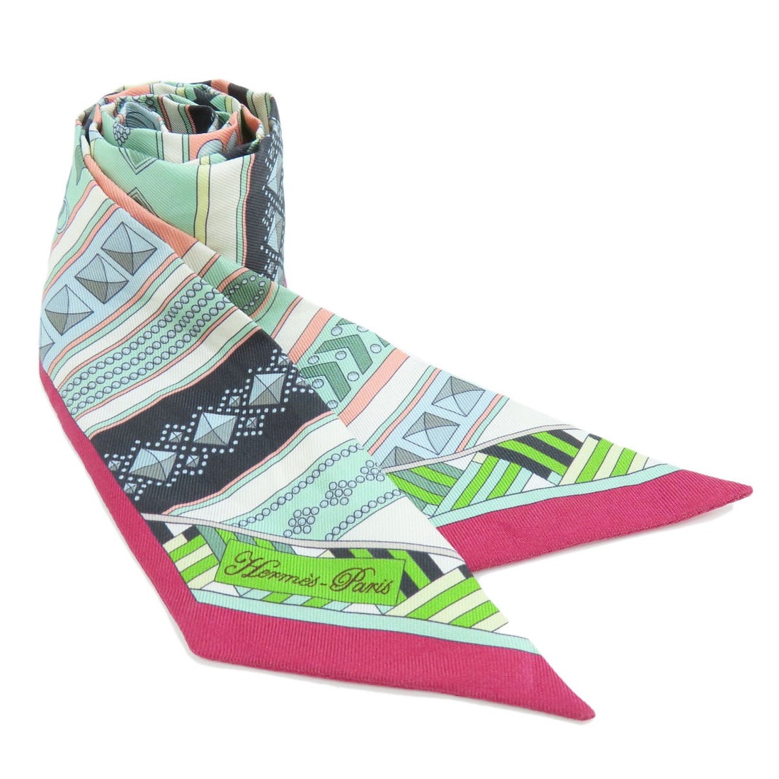 Silk HERMES Twilly Scarf: Silk HERMES Twilly Scarf This listing features Silk HERMES Twilly Scarf. Item specifics are provided below. Item Specifics: Brand: HERMES Style: Scarf Material: Silk Color: Green x pink Type: Scarf Ex