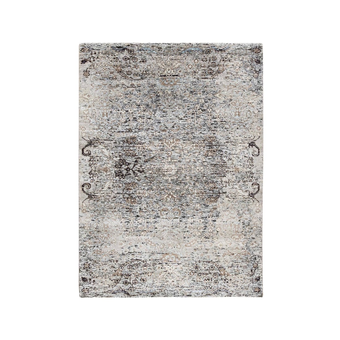 Rug 4'1"x6' Gray Transitional Design Silk with Textured Wool Hand Knotted: Rug 4'1"x6' Gray Transitional Design Silk with Textured Wool Hand Knotted This listing features Rug 4'1"x6' Gray Transitional Design Silk with Textured Wool Hand Knotted. Item specifics are provided b