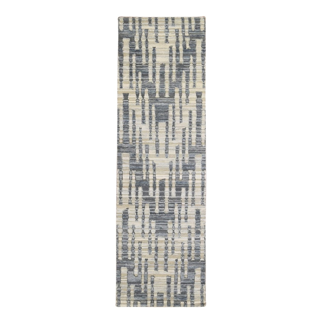 Rug 2'6"x8'3" Blue Pure Silk and Textured Wool Wide Runner Hand Knotted: Rug 2'6"x8'3" Blue Pure Silk and Textured Wool Wide Runner Hand Knotted This listing features Rug 2'6"x8'3" Blue Pure Silk and Textured Wool Wide Runner Hand Knotted. Item specifics are provided below