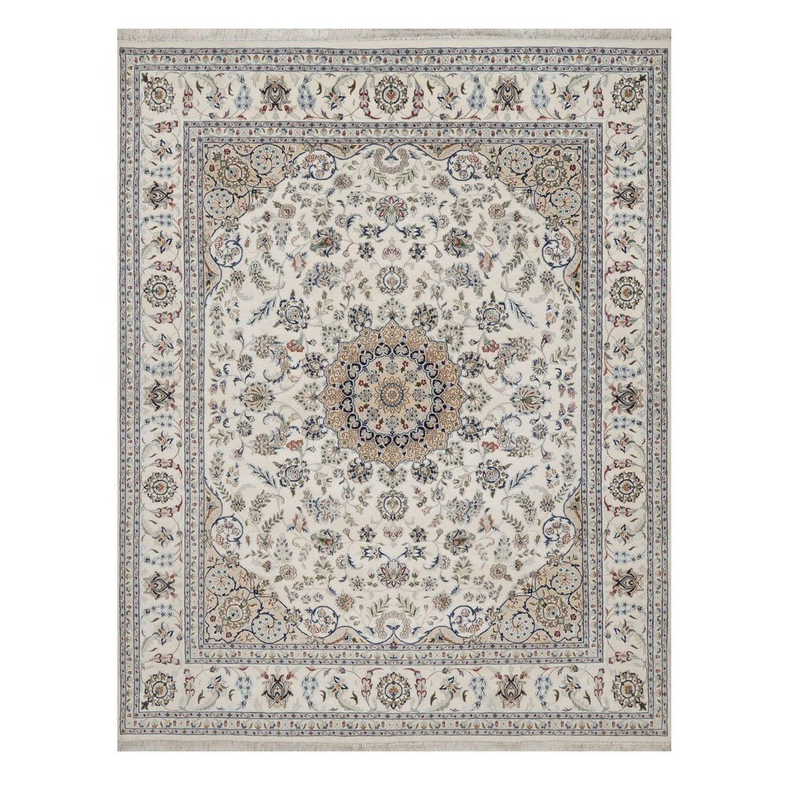 Knotted 8'x10' Ivory Wool and Silk Rug Nain with Flower Design Hand: Knotted 8'x10' Ivory Wool and Silk Rug Nain with Flower Design Hand This listing features Knotted 8'x10' Ivory Wool and Silk Rug Nain with Flower Design Hand. Item specifics are provided below. Item S