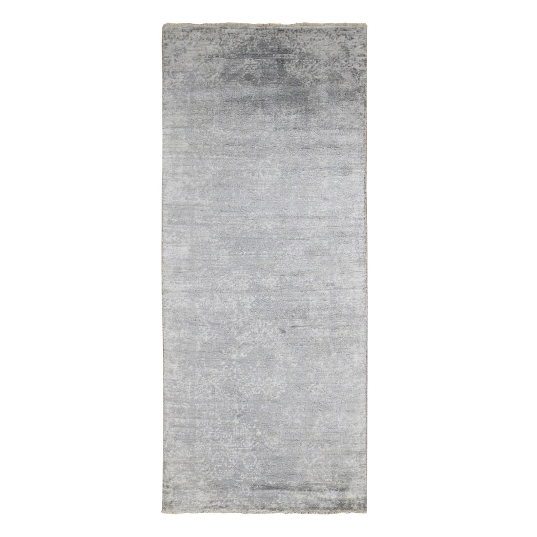 Rug 4'x9'8" Gray Erased Zoroastrian Design Runner Wool-Silk Hand Knotted: Rug 4'x9'8" Gray Erased Zoroastrian Design Runner Wool-Silk Hand Knotted This listing features Rug 4'x9'8" Gray Erased Zoroastrian Design Runner Wool-Silk Hand Knotted. Item specifics are provided bel