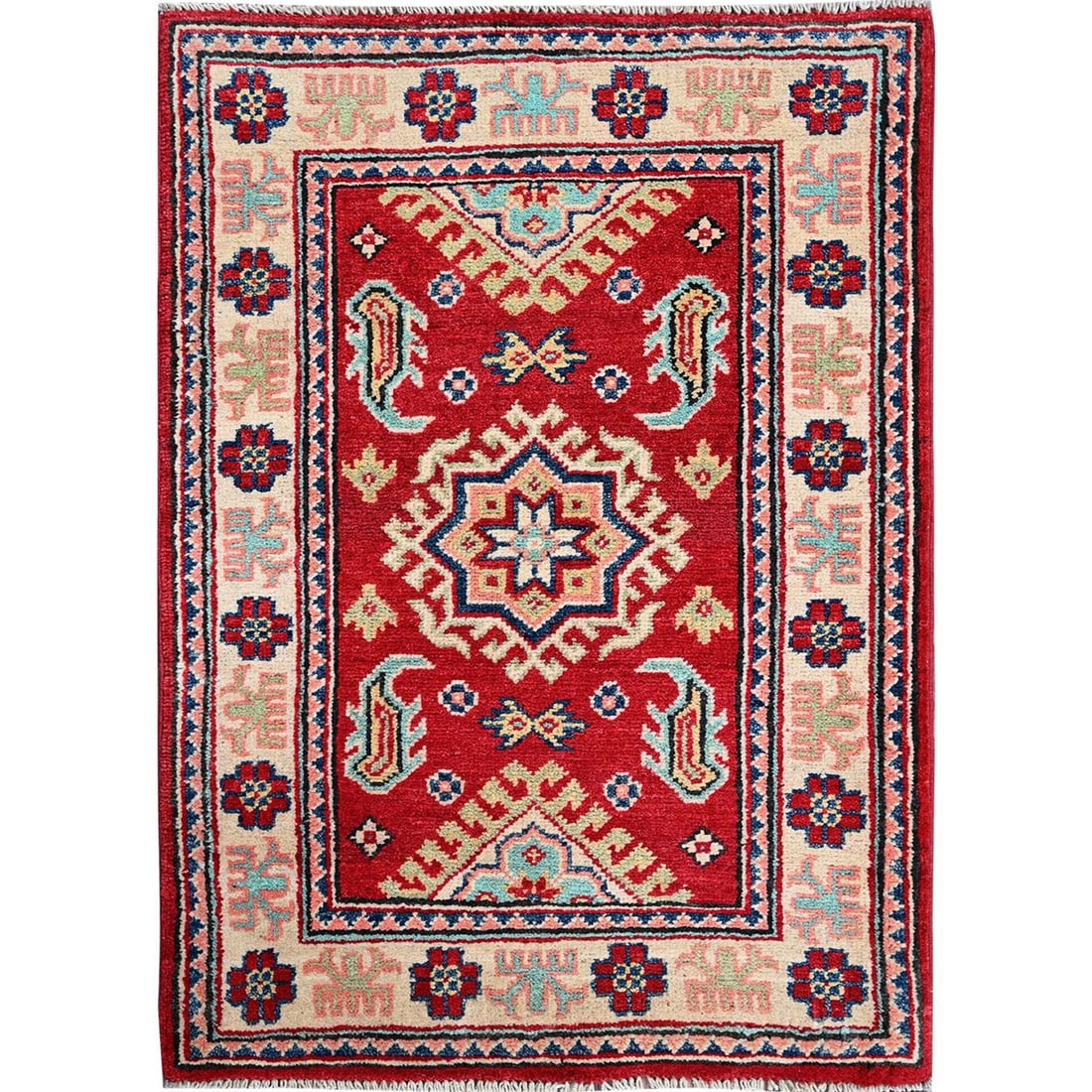 Rug 2'1"x3' Red Kazak with Geometric Design Hand Knotted Soft Wool Mat: Rug 2'1"x3' Red Kazak with Geometric Design Hand Knotted Soft Wool Mat This listing features Rug 2'1"x3' Red Kazak with Geometric Design Hand Knotted Soft Wool Mat. Item specifics are provided below.