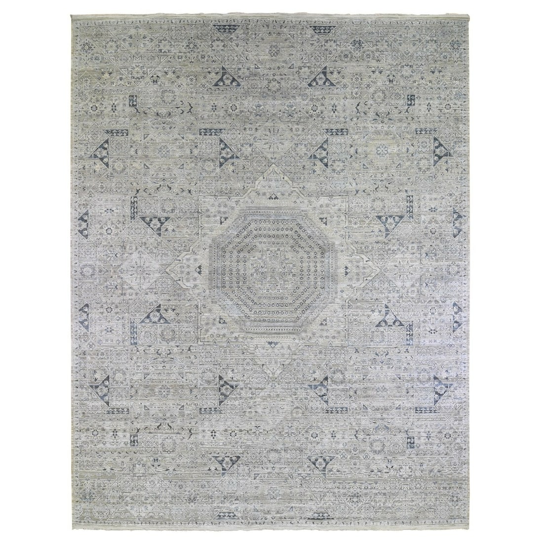Rug 12'x15'2" Pure Silk with Textured Wool Blue-Gray Mamluk Hand Knotted: Rug 12'x15'2" Pure Silk with Textured Wool Blue-Gray Mamluk Hand Knotted This listing features Rug 12'x15'2" Pure Silk with Textured Wool Blue-Gray Mamluk Hand Knotted. Item specifics are provided bel