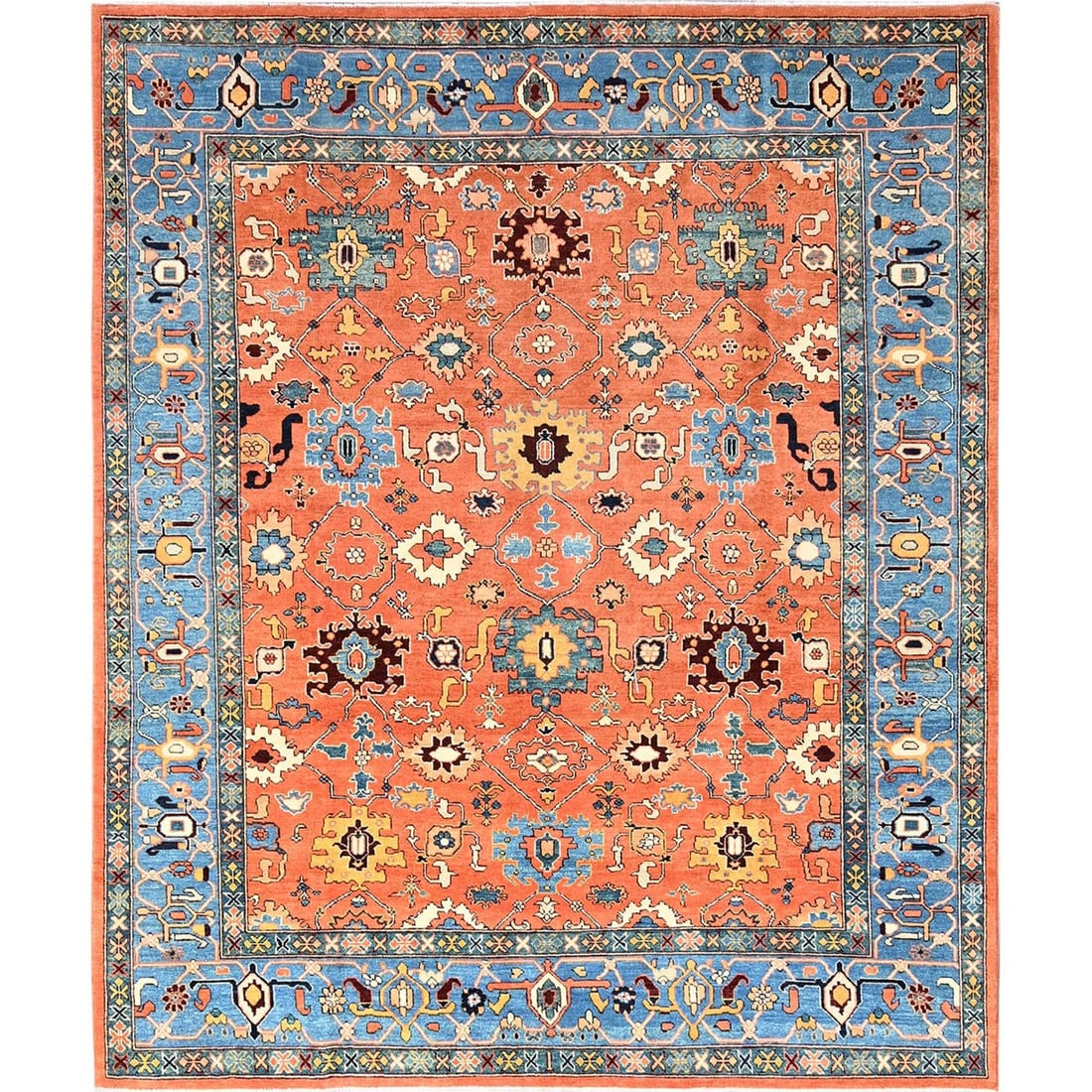 Wool 8'2"x9'8" Orange Hand Knotted Rug Peshawar with Heris All Over Design: Wool 8'2"x9'8" Orange Hand Knotted Rug Peshawar with Heris All Over Design This listing features Wool 8'2"x9'8" Orange Hand Knotted Rug Peshawar with Heris All Over Design. Item specifics are provided