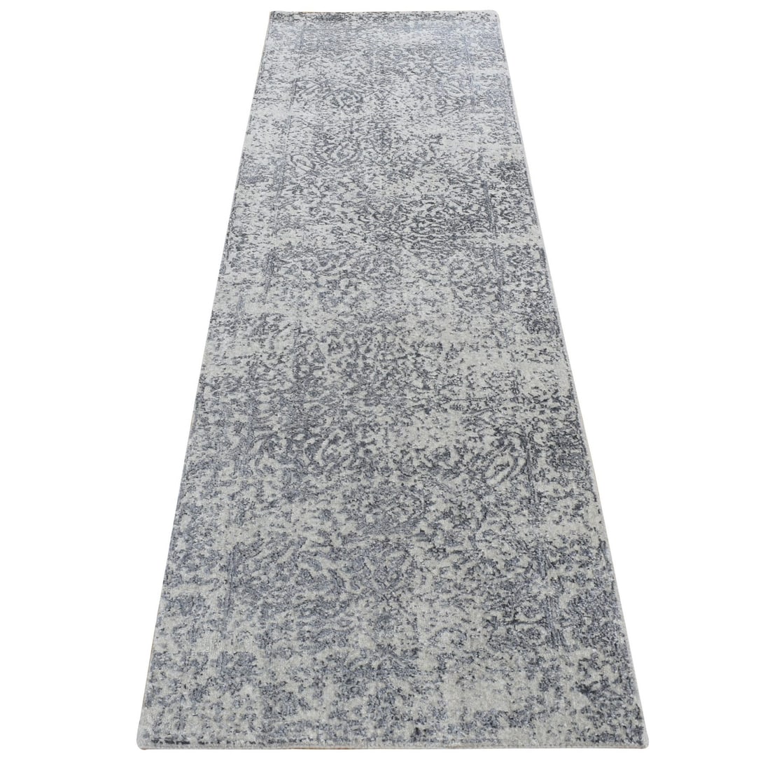 Rug 2'5"x10'1" Gray Fine Jacquard Hand Loomed Erased Wool/ Silk Runner: Rug 2'5"x10'1" Gray Fine Jacquard Hand Loomed Erased Wool/ Silk Runner This listing features Rug 2'5"x10'1" Gray Fine Jacquard Hand Loomed Erased Wool/ Silk Runner. Item specifics are provided below.