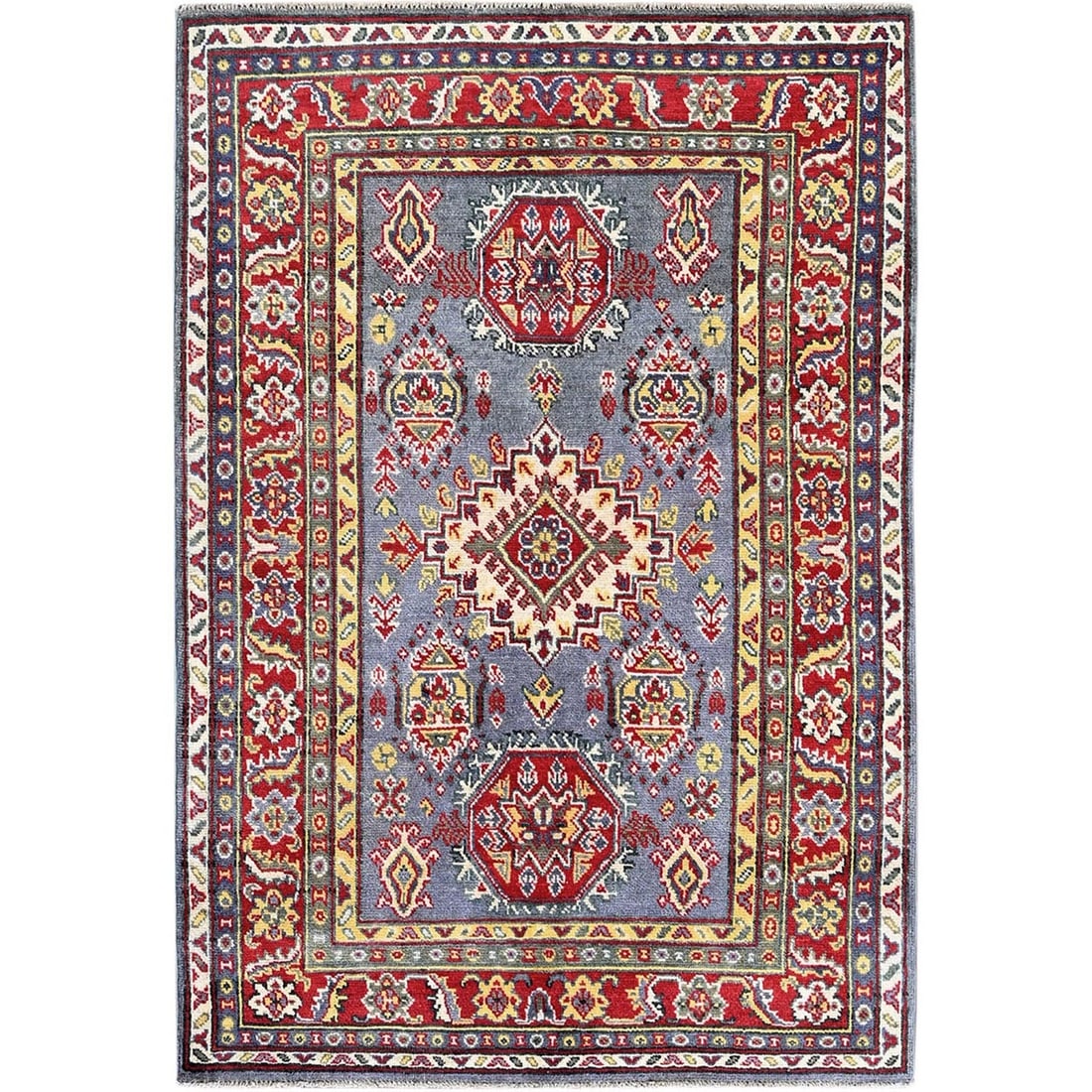 Rug 4'1"x5'10" Dove Gray Kazak with Geometric Design Soft Wool Hand Knotted: Rug 4'1"x5'10" Dove Gray Kazak with Geometric Design Soft Wool Hand Knotted This listing features Rug 4'1"x5'10" Dove Gray Kazak with Geometric Design Soft Wool Hand Knotted. Item specifics are provid