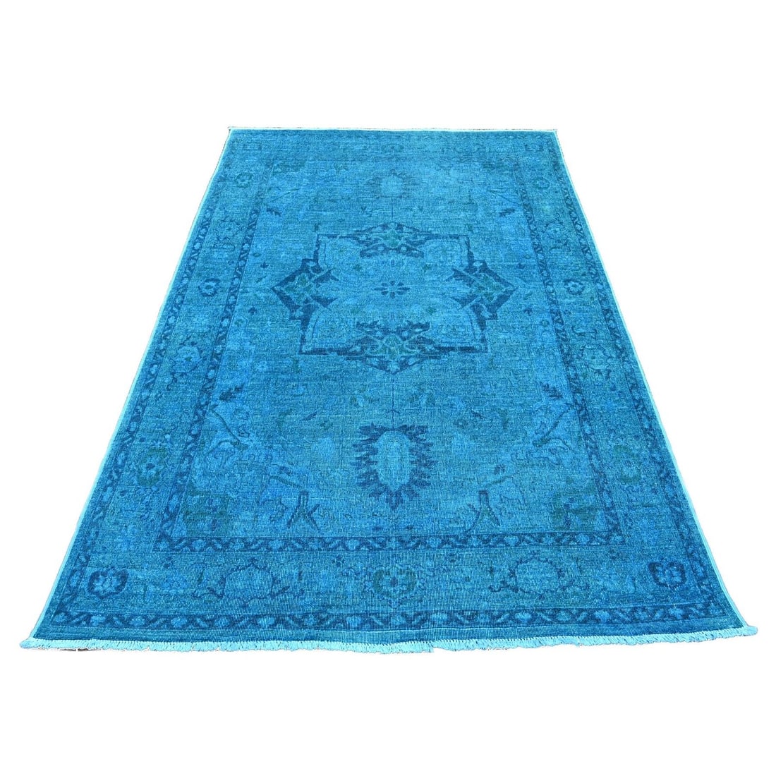 Rug 5'3"x7'7" Blue Overdyed Peshawar with Heris Design Hand Knotted Wool: Rug 5'3"x7'7" Blue Overdyed Peshawar with Heris Design Hand Knotted Wool This listing features Rug 5'3"x7'7" Blue Overdyed Peshawar with Heris Design Hand Knotted Wool. Item specifics are provided bel