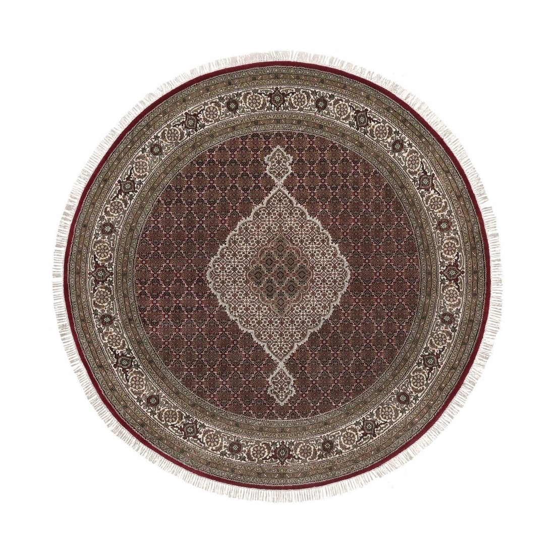 Round 8'x8' Red Hand Knotted Rug Tebraz Mahi with Medallion Design Wool: Round 8'x8' Red Hand Knotted Rug Tebraz Mahi with Medallion Design Wool This listing features Round 8'x8' Red Hand Knotted Rug Tebraz Mahi with Medallion Design Wool. Item specifics are provided below