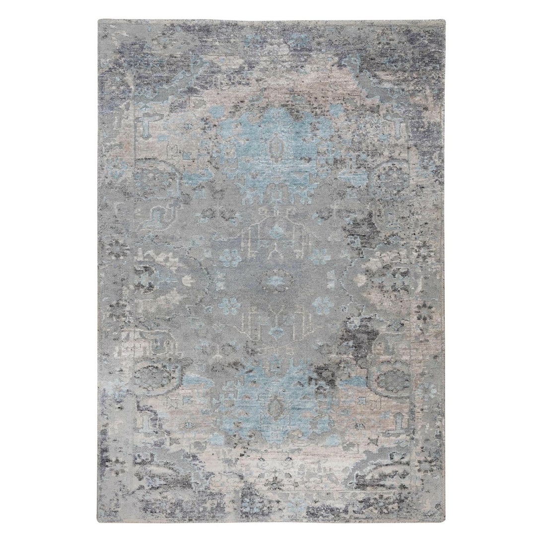 Rug 3'x5' Gray Erased Design Wool And Silk Hand Knotted Oriental: Rug 3'x5' Gray Erased Design Wool And Silk Hand Knotted Oriental This listing features Rug 3'x5' Gray Erased Design Wool And Silk Hand Knotted Oriental. Item specifics are provided below. Item Specifi