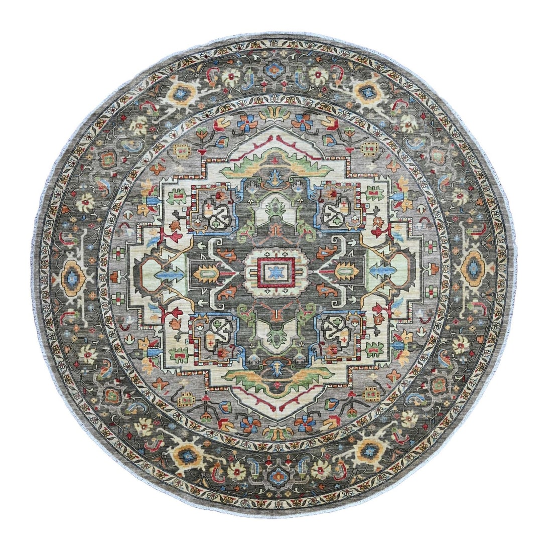 Rug 10'x10' Sonic Gray Peshawar with Heris Design Wool Hand Knotted Round: Rug 10'x10' Sonic Gray Peshawar with Heris Design Wool Hand Knotted Round This listing features Rug 10'x10' Sonic Gray Peshawar with Heris Design Wool Hand Knotted Round. Item specifics are provided b